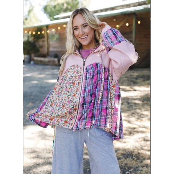 POL Floral Patchwork Pink Waffle Hoodie Full Zip Oversized Womens Small Boho - Picture 2 of 11
